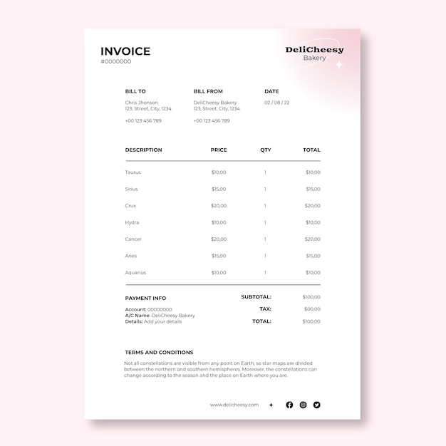 Aesthetic deli cheesy bakery invoice