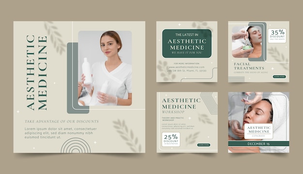 Free vector aesthetic medicine hand drawn flat ig post collection with photo