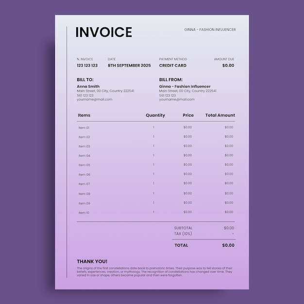 Aesthetic minimalist fashion influencer invoice template