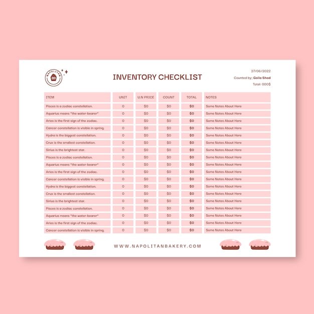 Free vector aesthetic napolitan bakery inventory checklist