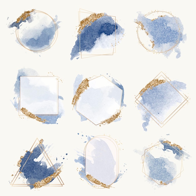 Aesthetic watercolor frame clipart, blue pastel glittery design vector set