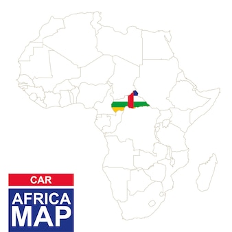 Контурная карта африки с выделенной центральноафриканской республикой. карта автомобилей и флаг на карте африки. векторные иллюстрации.