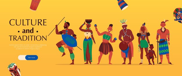 Africa horizontal banner with characters of african tribe