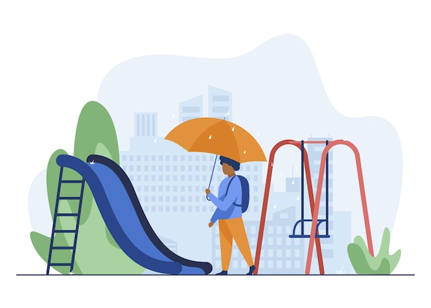 African American boy walking with umbrella on playground. Backpack, slide, cityscape flat vector illustration. Weather and childhood