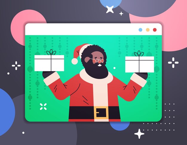ビデオ通話サンタクロース モバイルアプリでオンラインチャット スマートフォンを持っている手 デバイスの画面でサンタさんが電話をかけています プレミアムベクター