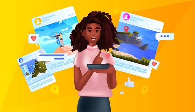 디지털 가제트 가상 여행 휴가에서 온라인 여행 애플리케이션을 사용하는 아프리카계 미국인 여성