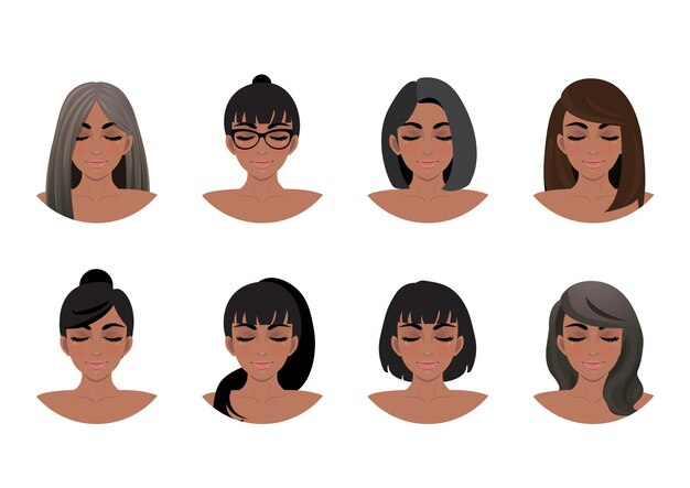 アフリカ系アメリカ人の女性のヘアスタイルコレクション 黒人女性のサイドビューアバターセット プレミアムベクター