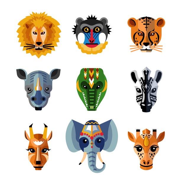  African Animals Heads Masks Flat Icons 