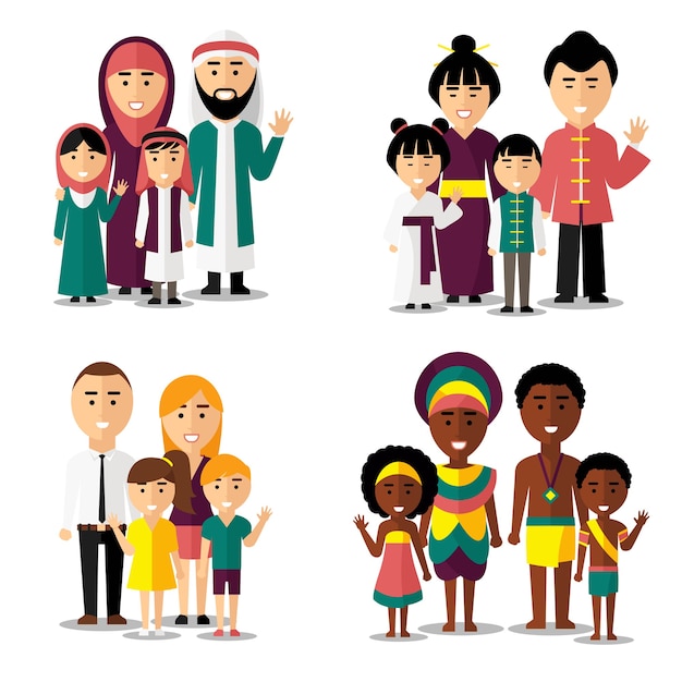 Африканские, азиатские, арабские и европейские семьи. Семья азиатская, семья африканская, семья европейская, семья азиатская. Набор иконок символов векторные иллюстрации