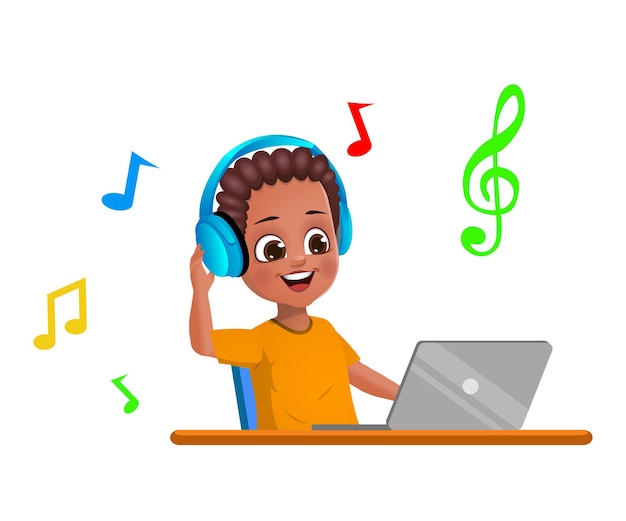 African boy kid is listening to music through the laptop