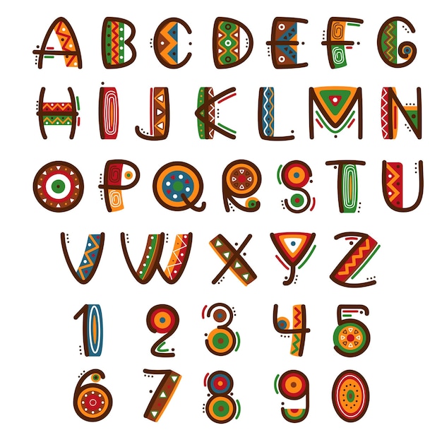 Африканский этнический примитивный шрифт. Рисованной ярко сафари алфавит.