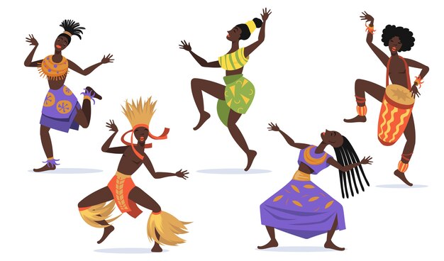 ウェブデザインのためのアフリカの女性ダンサーフラットセット。フォークや儀式ダンスを踊る漫画の先住民の孤立したベクトルイラストコレクション。部族ダンスとアフリカのコンセプト