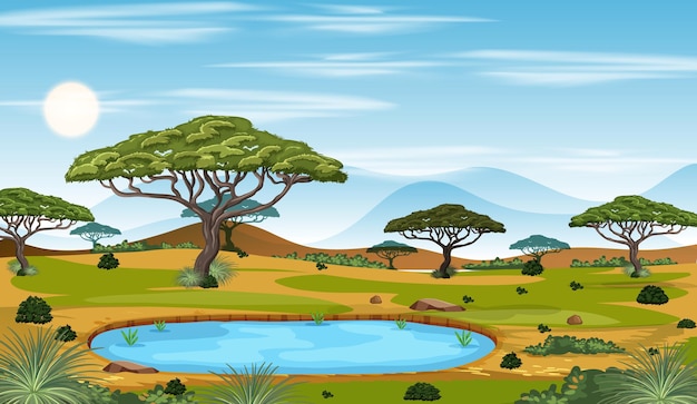 낮 시간에 아프리카 사바나 숲 풍경 장면