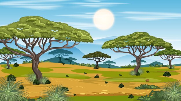 昼間のアフリカのサバンナの森の風景のシーン