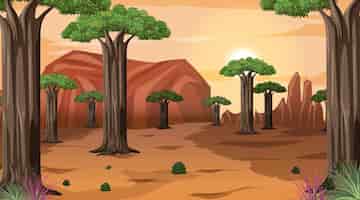 Free vector african savanna forest landscape scene at sunset time