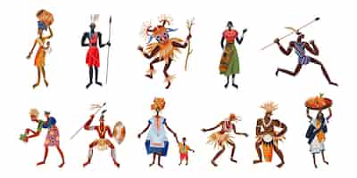 Бесплатное векторное изображение Набор африканских племен мужчины и женщины, девушки с детьми, еда, парни с копьями, музыкальные инструменты