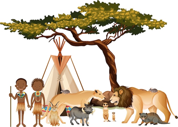 African tribe with group of wild african animal on white background