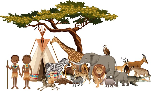 African tribe with group of wild african animal on white background