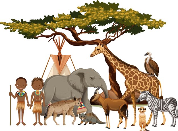African tribe with group of wild african animal