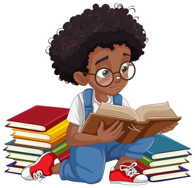 Free vector afro african with curly hair boy reading a book