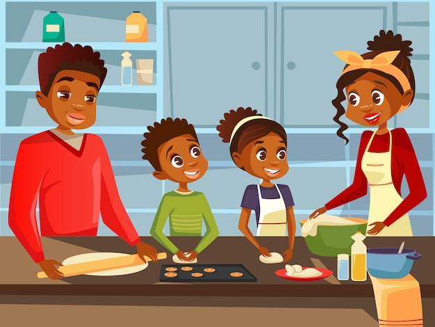 Famiglia nera afroamericana che prepara insieme il pasto dell'alimento alla cucina