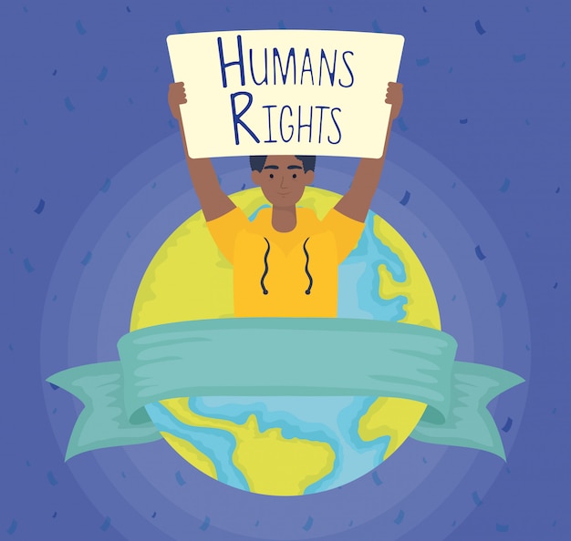 Бесплатное векторное изображение Афро человек с лейблом прав человека и планета мира векторная иллюстрация дизайн