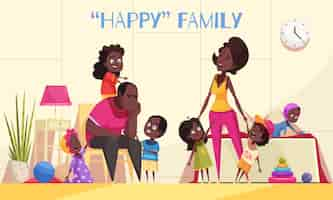 Free vector afroamerican large family in home interior with nimble happy kids and tired parents cartoon vector illustration