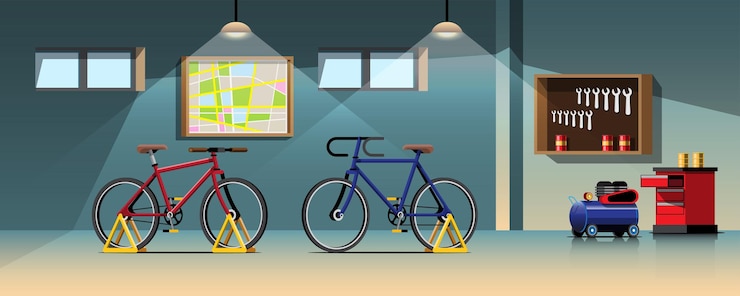 मुफ़्त वेक्टर after going to tournaments around the world, cyclists bring their bikes back to the maintenance workshop for repairs. flat vector illustration design