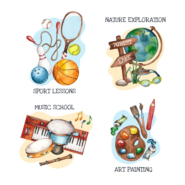 Free vector after school activities for children labels collection