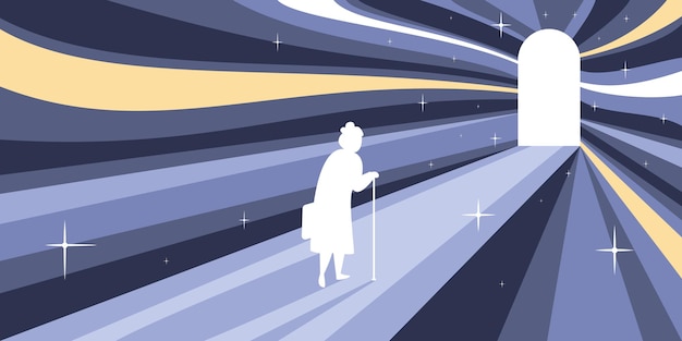 Бесплатное векторное изображение Плоская композиция смерти загробной жизни с концептуальным видом на звездное небо с дверью световых лучей и женской векторной иллюстрацией