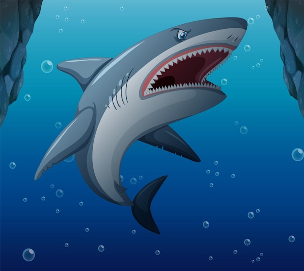 Free vector aggressive shark underwater deep sea background