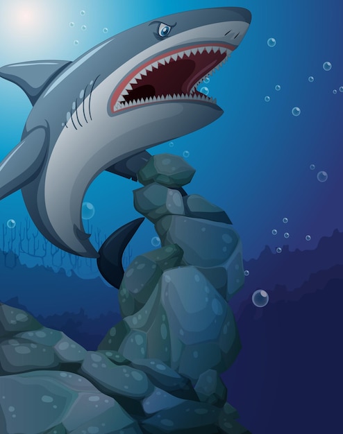 Free vector aggressive shark underwater deep sea background