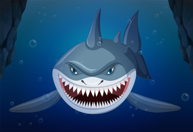 Бесплатное векторное изображение Агрессивная акула под водой на глубоком морском фоне