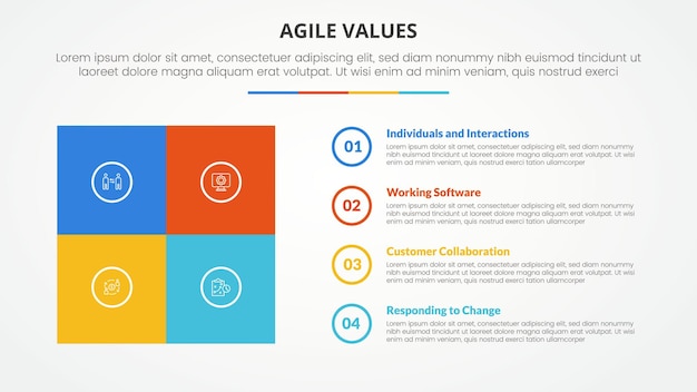 Agile values infographic concept for slide presentation with square box matrix with circle outline stack with 4 point list with flat style