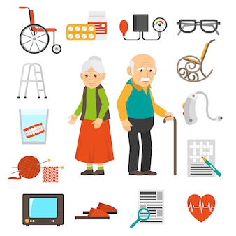 Aging people accessories flat icons set
