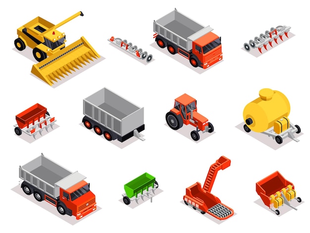 Free vector agrarian technics machines isomeric set with isolated parts of combine harvesters trucks loaders bulldozer and tractor vector illustration