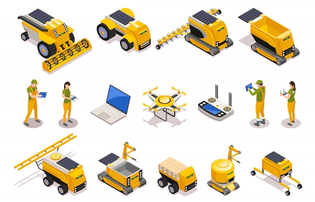 Free vector agricultural isometric icons set of remotely controlled robots used for plowing cultivation harvesting isolated