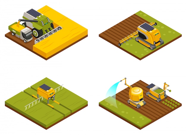 Free vector agricultural robots concept 4 isometric compositions with hoeing plowing planting  watering fertilizing and harvesting machinery