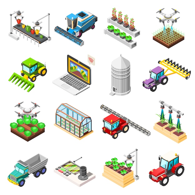 Бесплатное векторное изображение Сельскохозяйственные роботы изометрические элементы