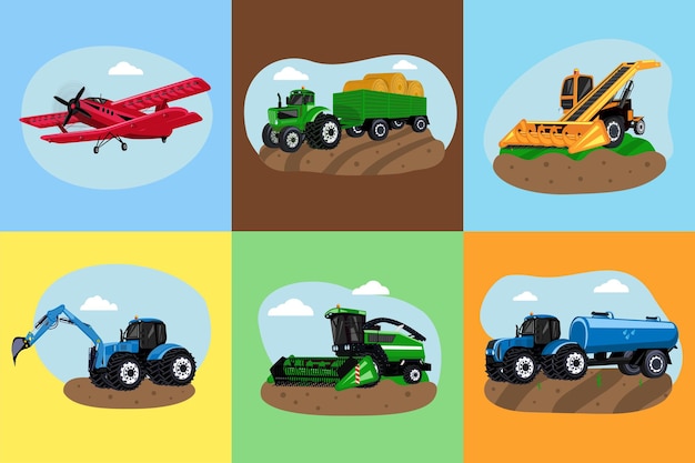 Vettore gratuito set piatto per il trasporto agricolo con biplano dell'escavatore dell'aratro della mietitrice su sfondo colorato illustrazione vettoriale isolata