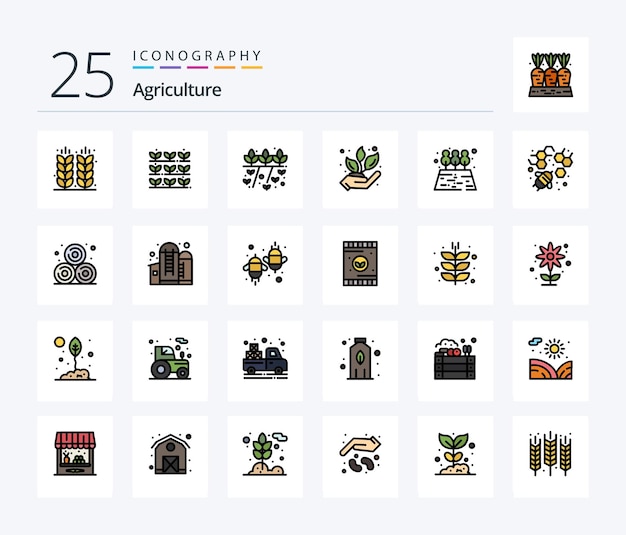 Free vector agriculture 25 line filled icon pack including wheat straw agriculture plant agriculture bee