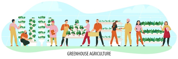 Agriculture composition with people cultivating greenhouse plants flat