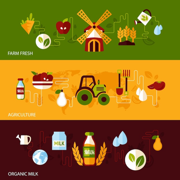 Сельскохозяйственная ферма свежие натуральные продукты органические продукты питания и молоко плоский баннер набор изолированных векторная иллюстрация