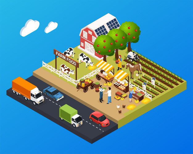 納屋の家とファーマーマーケットとファームフード看板と農業景観等角投影図