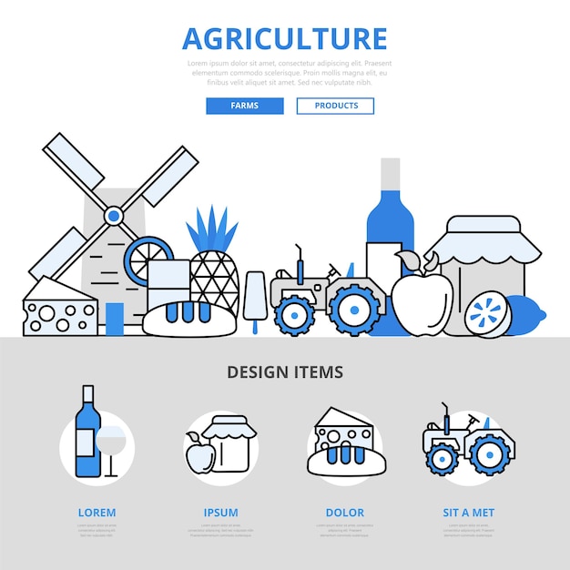 농업 자연 농장 순수 제품 식품 성장 풍차 개념 평면 선 스타일.