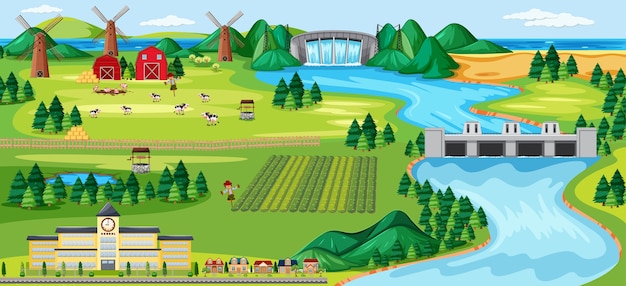 Free vector agriculture rural landscape scene