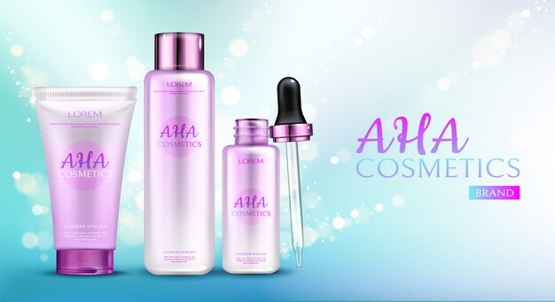 Aha cosmetics line on blue gradient background with sparkles.
