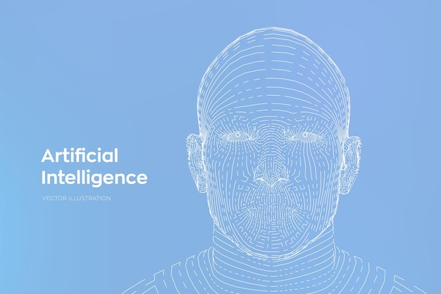 AI Artificial intelligence concept Ai digital brain Abstract digital human face Human head in robot digital computer interpretation Robotics concept Wireframe head concept Vector illustration