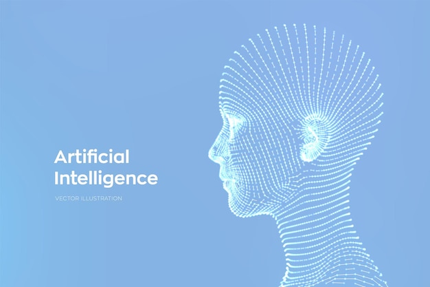 Ai artificial intelligence concept ai digital brain abstract digital human face human head in robot digital computer interpretation robotics concept wireframe head concept vector illustration
