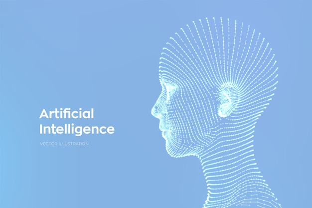 Концепция искусственного интеллекта AI цифровой мозг Абстрактное цифровое человеческое лицо Человеческая голова в роботизированной цифровой компьютерной интерпретации Концепция робототехники Концепция каркасной головы Векторная иллюстрация